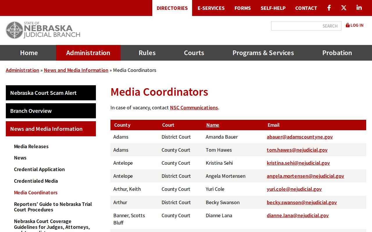 York court calendar contact information in Nebraska court records
